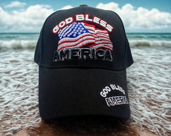 Patriotic USA Hat. Embroidered American Flag & God Bless America Cap. Adjustable USA Black Baseball Hat. USA Eagle Hat God Bless America Hat