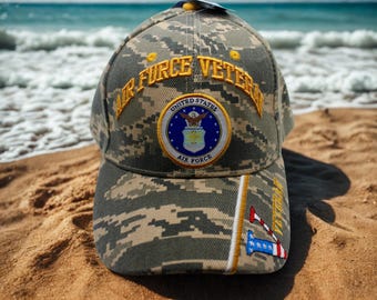 Air Force Veteran Baseball Cap, Digital Camo Military Hat with USAF Patch, Patriotic Gift for Veterans, Officially Licensed USAF Hat.