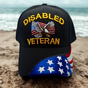 Disabled Veteran with American Flag Hat, Black Military Cap with Embroidered Eagle, Adjustable Disabled Veteran Baseball Cap, Veteran Gift