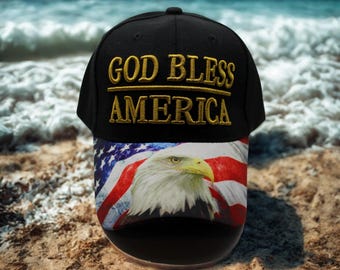 Patriotic USA Hat. Embroidered American Flag & God Bless America Cap. Adjustable USA Black Baseball Hat. USA Eagle Hat God Bless America Hat