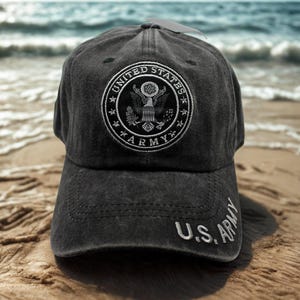U.S. Army Hat. Army Adjustable Black Hat. Army Cap, Military Service Hat. US Army Baseball Hat. Army Washed Black Cap with Embroidered Seal