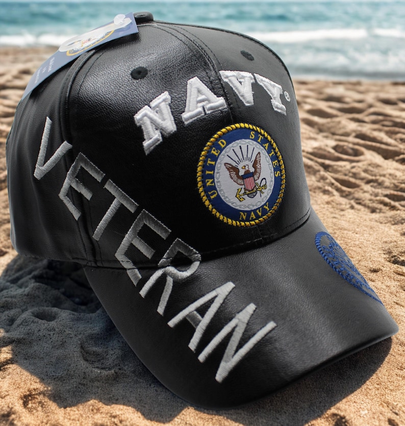 U.S Navy Veteran Hat, Black Faux Leather Military Cap With Navy ...