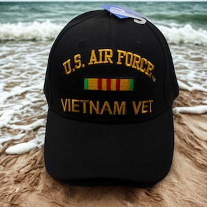 U.S Air Force Vietnam Veteran Black Hat, Black Embroidered Military Cap with Service Ribbon, Adjustable Baseball Cap, USAF Vietnam Vet Gift