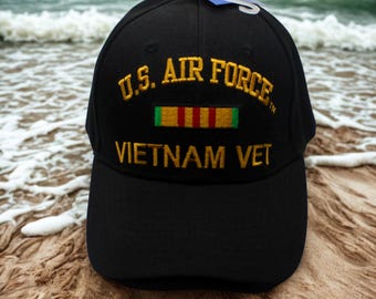 U.S Air Force Vietnam Veteran Black Hat, Black Embroidered Military Cap with Service Ribbon, Adjustable Baseball Cap, USAF Vietnam Vet Gift