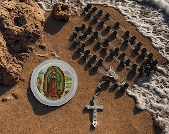 Rosario Negro de Nuestra Señora de Guadalupe. Precioso rosario católico de cuentas, collar de oración devocional, hecho a mano. Rosario de la Virgen, regalo de fe.
