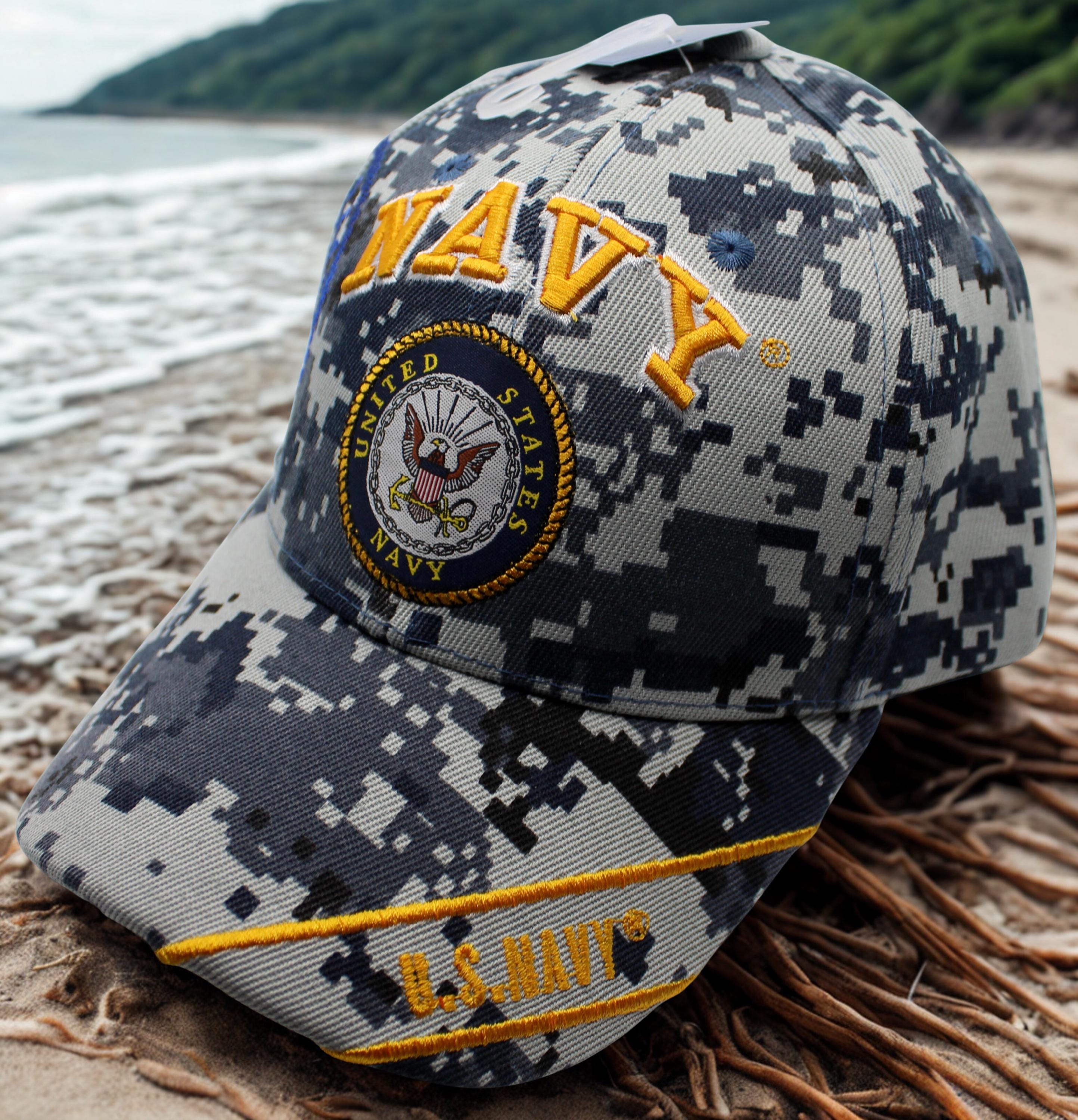 アメリカ海軍キャップ、迷彩ミリタリーUSNハット、ゴールド刺繍入り