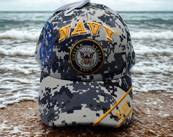 アメリカ海軍キャップ、迷彩ミリタリーUSNハット、ゴールド刺繍入り