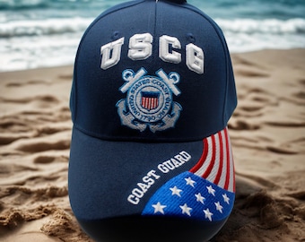 US Coast Guard Blue Hat. USCG Baseball Cap With American Flag