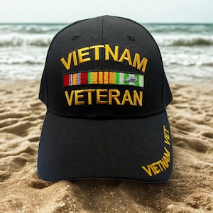 Vietnam Veteran Cap, Military Service Hat with Campaign Ribbon, Black Hat. Vietnam Vet. Vietnam War Veteran Baseball Hat. US Veteran Hat.