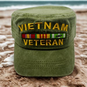 Vietnam War Veteran Cap, Olive Green Military Hat with Ribbons, U.S Vietnam Veteran Cap, Vietnam Veteran Hat, Patriotic Vietnam Vet gift