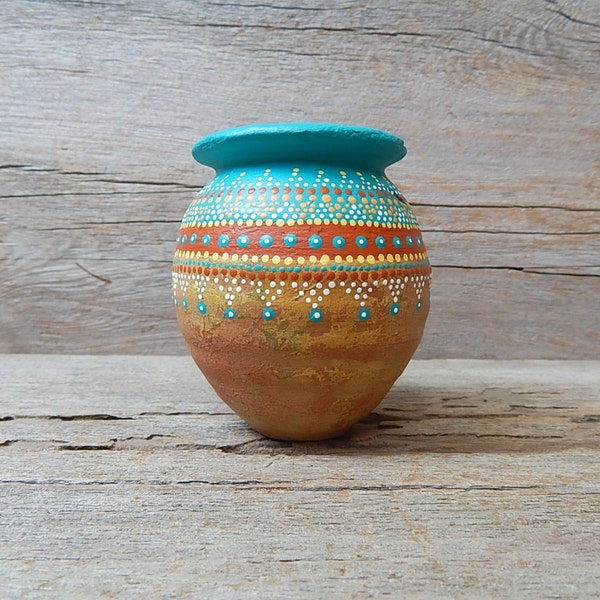 vintage hand painted pottery vase  small decorative terra cotta bud vase  dot paint art  rustic southwestern decor