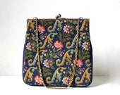1950s Needlepoint Tapestry Bag 50s Vintage Large Top Opening Frame Floral Handbag Chain Shoulder Strap