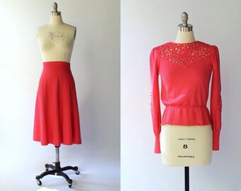 SALE //1970s Oscar de la Renta Wool Peplum Sweater and Skirt Set // 70s Vintage Matching Knit Skirt and Top Outfit // Medium - Large