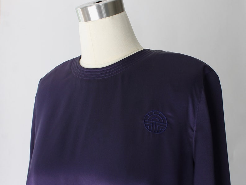 Louis Feraud Satin Long Sleeve Blouse 1980s vintage Dark Purple Crew Neck Loose Fit Back Zip Top Large