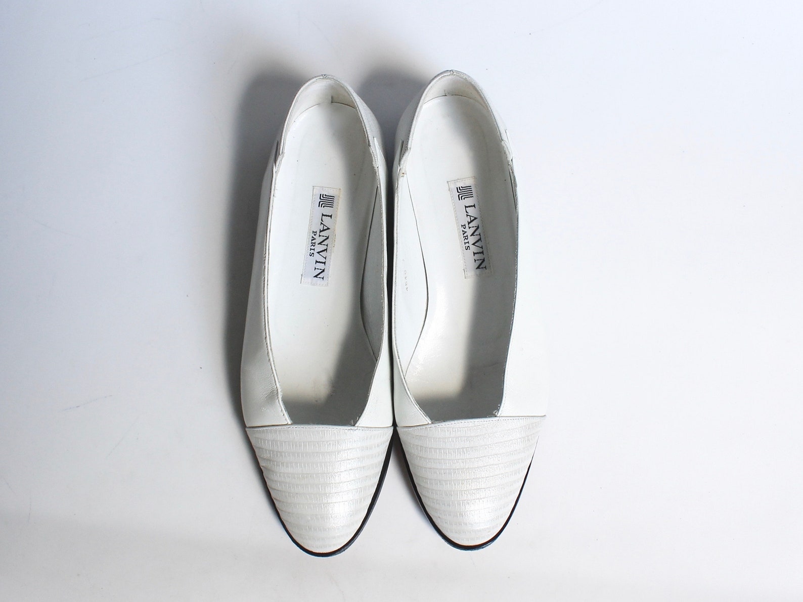 vintage lanvin ballet flats // 1980s designer shoes // embossed white leather slip on flats // womens size 6.5