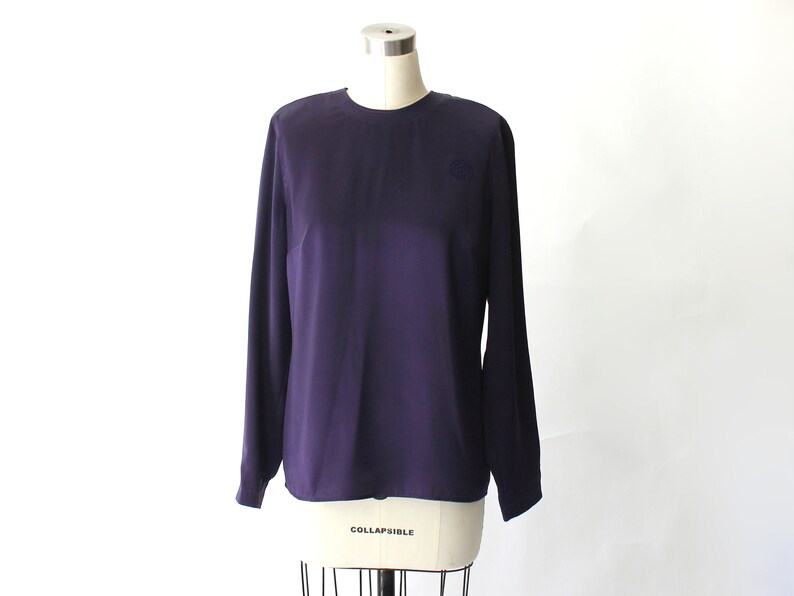 Louis Feraud Satin Long Sleeve Blouse 1980s vintage Dark Purple Crew Neck Loose Fit Back Zip Top Large