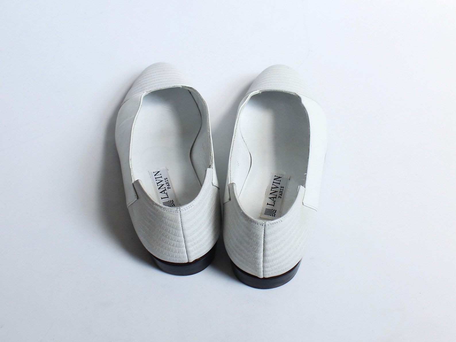 vintage lanvin ballet flats // 1980s designer shoes // embossed white leather slip on flats // womens size 6.5