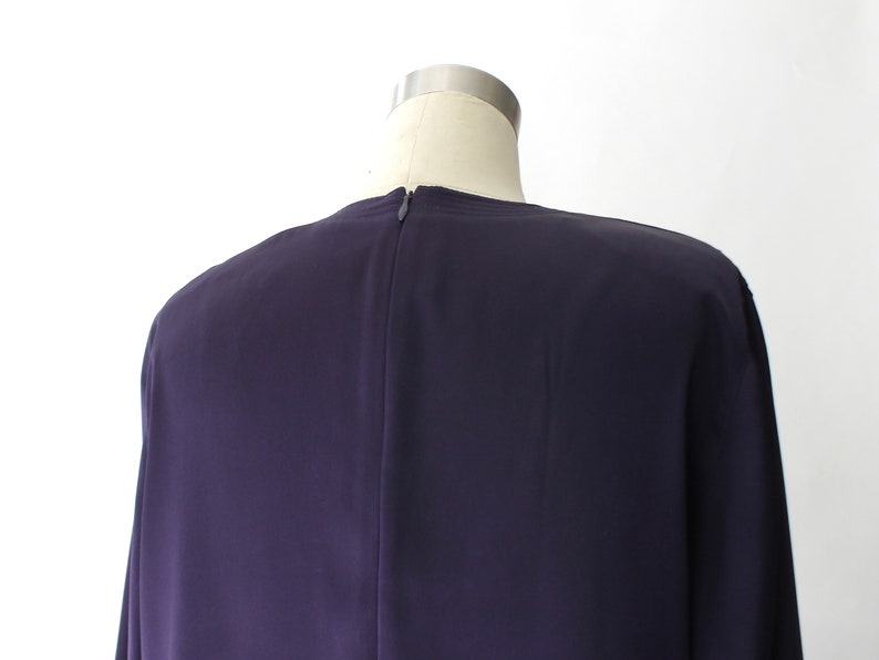 Louis Feraud Satin Long Sleeve Blouse 1980s vintage Dark Purple Crew Neck Loose Fit Back Zip Top Large