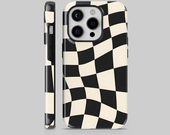 Funda resistente con diseño de tablero de ajedrez ondulado para iPhone 17 Pro Max, Samsung S25 Ultra, S25+ y Google Pixel 10 Pro XL, color negro retro