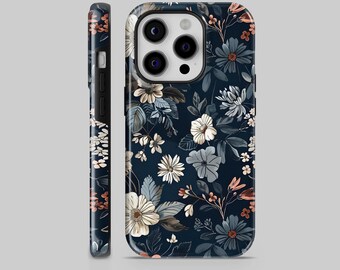 Funda resistente botánica azul marino con flores vintage para iPhone 17 Pro Max 17 Pro 17 / Samsung S25 Ultra S25+ S25 / Google Pixel 10 Pro