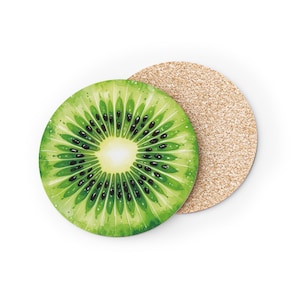 Kiwi Fruit Cork Coaster, Round Green Drink Coaster, Kitchen Dining Accessory, Tropical Home Decor