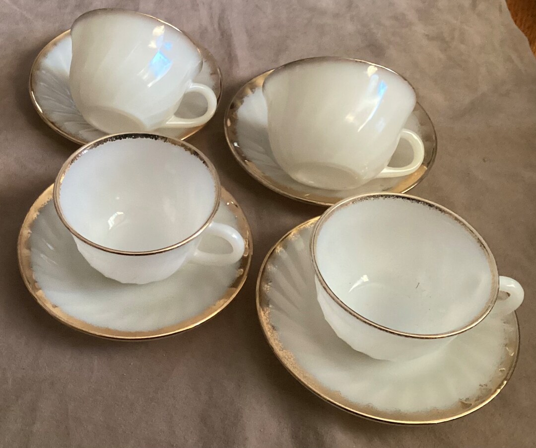 Fire King Depression Glass 4 Cups & Saucers Swirl Gold Etsy