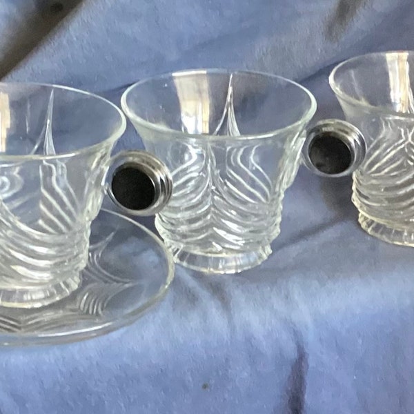 Heisey Glass Stanhope Art Deco style (3) Cups+(1) Saucer cups w/black knob