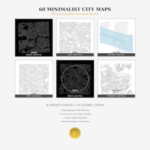 60 minimalistische Stadtplan-Drucke | Digitaler Download Wandkunst | 6 Stile, 10 Städte