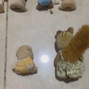 Puede incluir: Una colecci&oacute;n de figuras de animales en miniatura. Una figura de ardilla est&aacute; en foco, con una cola marr&oacute;n esponjosa y usando un peto con un estampado floral. Otras figuras incluyen un beb&eacute; con pa&ntilde;al y otros animales.