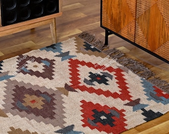 Handwoven Wool Jute Kilim Rug – Geometric Tribal Flatweave Area Rug