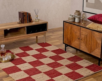 Handmade Red Checkerboard Jute Rug – Large Hemp Area Rug ,jute rugs,4x6 hemp jute ,Navajo kilim rug ,ancient rugs,best hemp ,rugs for loving