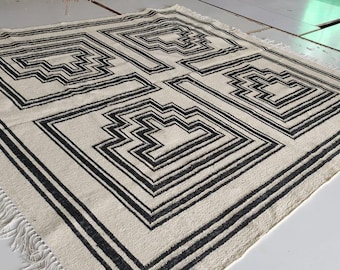 Handwoven Wool Jute Kilim Rug, Geometric Dhurrie, Indian Rug