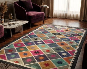 Handwoven Wool Jute Kilim Rug Runner - Multicolor Wool Jute Kilim Rug, Traditional Kilim Dhurrie Rug, Custom Size Rug