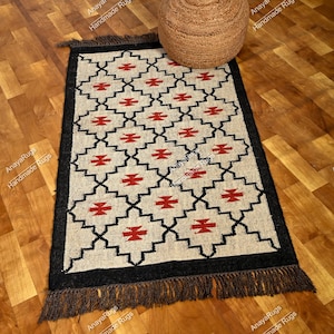 5x7ft Handmade Wool Jute Kilim Rug, Handwoven Wool Jute Rug, Kilim Jute Rug, Flatweave Rug, Bohemian Rug, Indian Dhurrie Rug multicolour rug