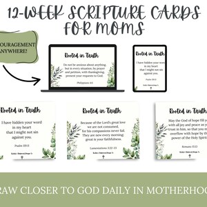 May include: A collection of scripture cards for mothers, featuring inspirational quotes and floral designs. The cards are displayed on a laptop, tablet, and individual cards. The text includes phrases like "Rooted in Truth" and "Encouragement Anywhere!"