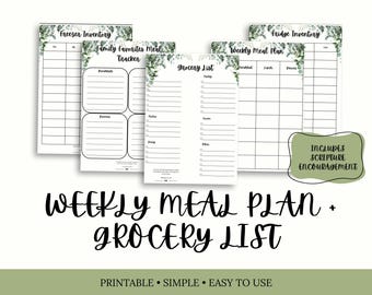 Family Meal Planner Bundle | Weekly Meal Plan, Grocery List, Freezer Inventory & Favorites Tracker | Christian Printable Meal Organizer