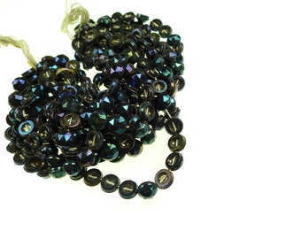 Nailhead glass iris blue beads faceted shiny metallic jet 8 mm 1 strand