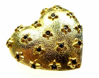 Big heart button with tiny black rhinestones, shiny gold tone metal 1pc