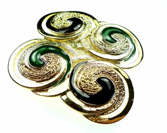Belt buckles, black and green vintage enameled gold tone metal