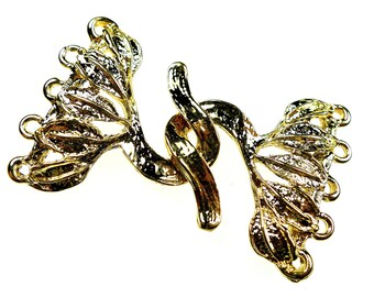 Hook clasp, gold tone yellow brass, 5 strands