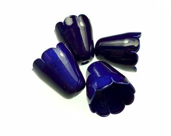 Vintage bead cones, royal blue scalloped edges enameled brass bell flowers 4pcs