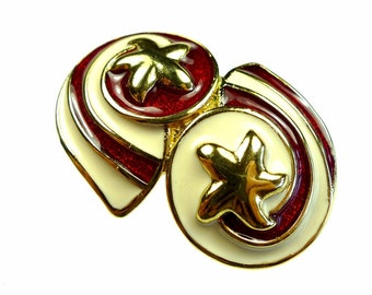 Belt buckles, cream and red vintage enameled gold tone metal