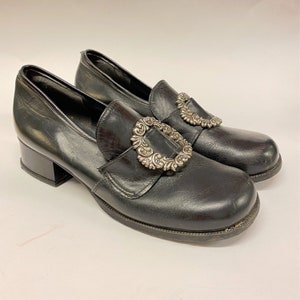 vintage women&#39;s bunadsko black leather bunad shoes folk costume shoes