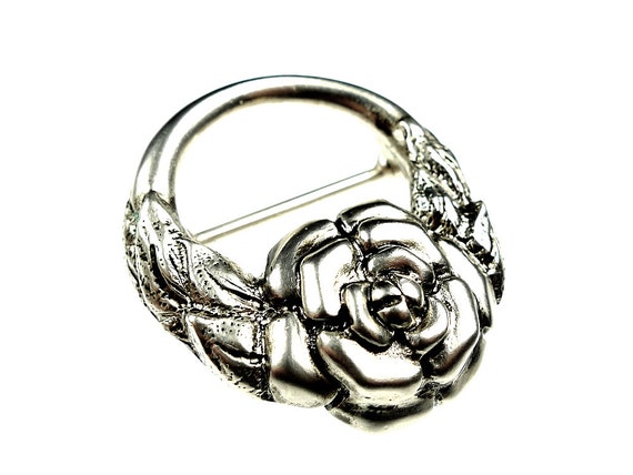 Vintage belt buckle, silver tone rose