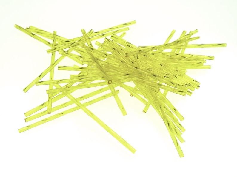 Extra long 60mm bright yellow transparent twisted glass bugle beads image 1