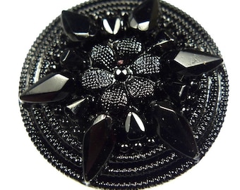Glass button, molded black jet 2pcs