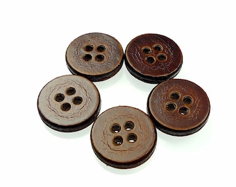 Leather buttons, brown four holes handmade