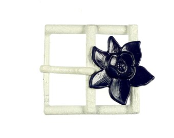 Buckles, vintage square white paint metal with a dk navy flower