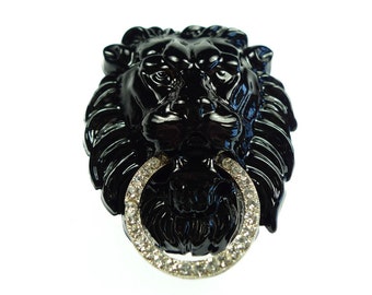 Belt buckles, black lion head vintage enamel gold tone metal with a rhinestone ring