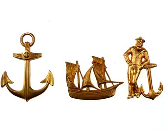 Raw brass stampings maritime motifs 3pcs